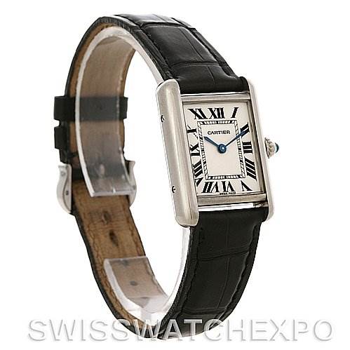 This image shows a Cartier Tank Louis W1541056 Women's White Gold Silver Dial W1541056 Women's White Gold Silver Dial watch at a three-quarter angle, highlighting its square face and black leather strap.