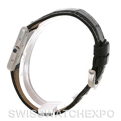 A side view of the Cartier Tank Louis W1541056 Women's White Gold Silver Dial W1541056 Women's White Gold Silver Dial watch showing the crown, case, and strap with the buckle.