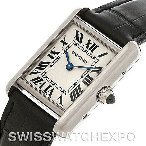 The image shows a Cartier Tank Louis W1541056 Women's White Gold Silver Dial W1541056 Women's White Gold Silver Dial watch from an angled view, highlighting the face, case, crown, and black leather strap.