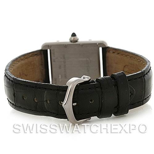 The image shows the back view of a Cartier Tank Louis W1541056 Women's White Gold Silver Dial W1541056 Women's White Gold Silver Dial watch, focusing on its black leather strap and buckle.