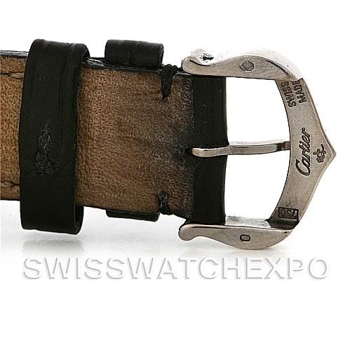 This image shows the buckle and part of the leather strap of a Cartier Tank Louis W1541056 Women's White Gold Silver Dial W1541056 Women's White Gold Silver Dial watch.