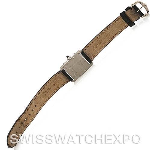 This image shows the back view of a Cartier Tank Louis W1541056 Women's White Gold Silver Dial W1541056 Women's White Gold Silver Dial watch with a brown leather strap fully extended.