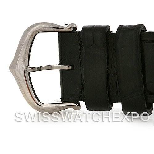 This image displays the buckle end of a black leather strap for a Cartier Tank Louis W1541056 Women's White Gold Silver Dial W1541056 Women's White Gold Silver Dial watch.