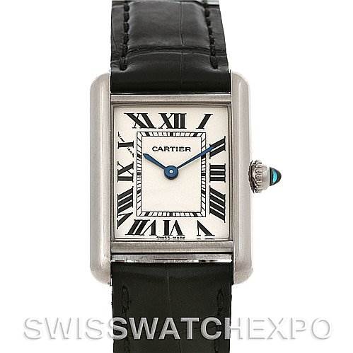 This image shows a frontal view of a Cartier Tank Louis W1541056 Women's White Gold Silver Dial W1541056 Women's White Gold Silver Dial watch, highlighting its face with Roman numerals, crown with a blue cabochon, and black leather strap.