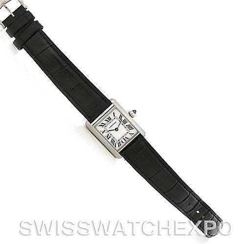The image shows a top view of the Cartier Tank Louis W1541056 Women's White Gold Silver Dial W1541056 Women's White Gold Silver Dial watch with its full black leather strap and rectangular face visible.