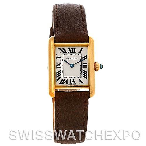 The image shows a front view of a Cartier Tank Louis W1529856 Women's Yellow Gold Silver Dial W1529856 Women's Yellow Gold Silver Dial watch, highlighting its rectangular dial, leather strap, and crown with blue cabochon.