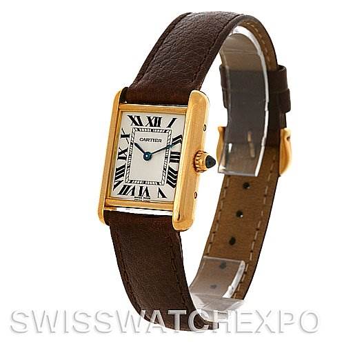 The image showcases a Cartier Tank Louis W1529856 Women's Yellow Gold Silver Dial W1529856 Women's Yellow Gold Silver Dial watch with a side angle, emphasizing the watch face, case, and leather strap.