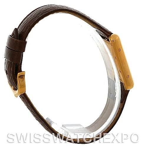 The image shows a side view of the Cartier Tank Louis W1529856 Women's Yellow Gold Silver Dial W1529856 Women's Yellow Gold Silver Dial model, highlighting its leather strap and rectangular case.