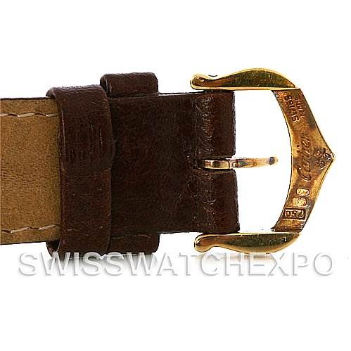 This image shows a close-up of the buckle and leather strap of the Cartier Tank Louis W1529856 Women's Yellow Gold Silver Dial W1529856 Women's Yellow Gold Silver Dial watch.