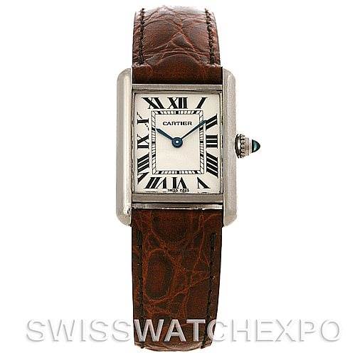 The Cartier Tank Louis W1541056 Women's White Gold Silver Dial W1541056 Women's White Gold Silver Dial watch is shown from a front angle featuring its rectangular dial, Roman numerals, and brown leather strap.