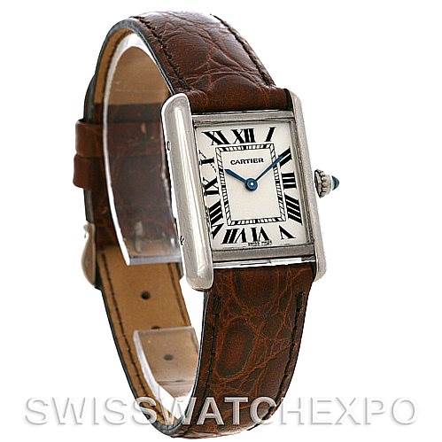 The image shows a Cartier Tank Louis W1541056 Women's White Gold Silver Dial W1541056 Women's White Gold Silver Dial watch at a slight side angle, highlighting the face and brown leather strap.