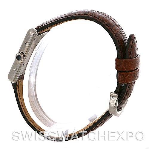 Side view of a Cartier Tank Louis W1541056 Women's White Gold Silver Dial W1541056 Women's White Gold Silver Dial watch showcasing the leather strap and case profile.