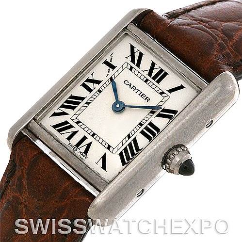 The image shows a Cartier Tank Louis W1541056 Women's White Gold Silver Dial W1541056 Women's White Gold Silver Dial watch at a slight angle, highlighting its face, bezel, crown, and part of the leather strap.