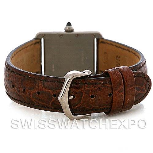 The image shows the back view of a Cartier Tank Louis W1541056 Women's White Gold Silver Dial W1541056 Women's White Gold Silver Dial watch highlighting its leather strap and clasp.