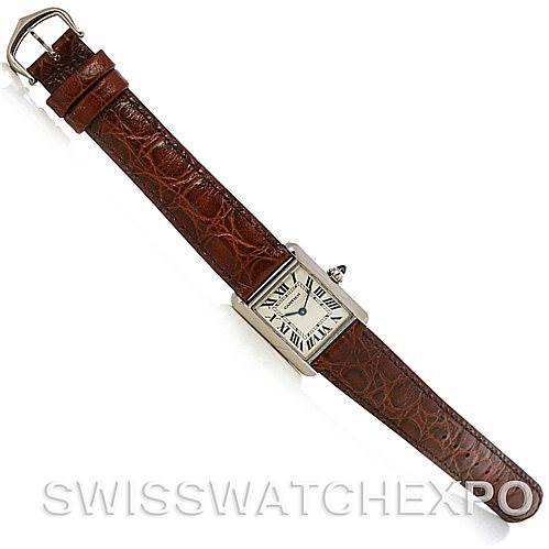 The image shows a Cartier Tank Louis W1541056 Women's White Gold Silver Dial W1541056 Women's White Gold Silver Dial watch at a slight angle, highlighting its face, brown leather strap, and buckle.