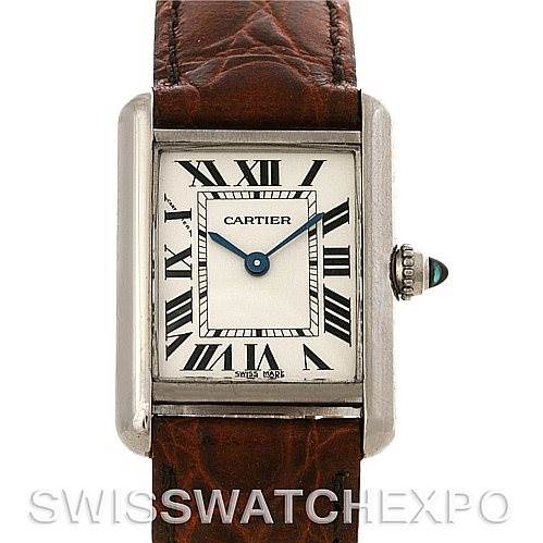 The image shows a front view of a Cartier Tank Louis W1541056 Women's White Gold Silver Dial W1541056 Women's White Gold Silver Dial watch with a leather strap and a visible crown.