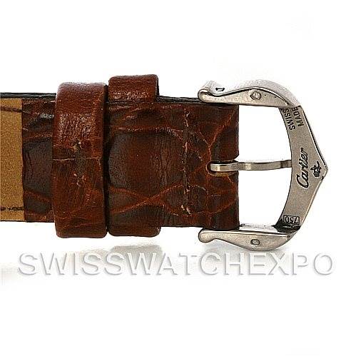 The image shows a close-up of the brown leather strap and buckle of a Cartier Tank Louis W1541056 Women's White Gold Silver Dial W1541056 Women's White Gold Silver Dial watch.