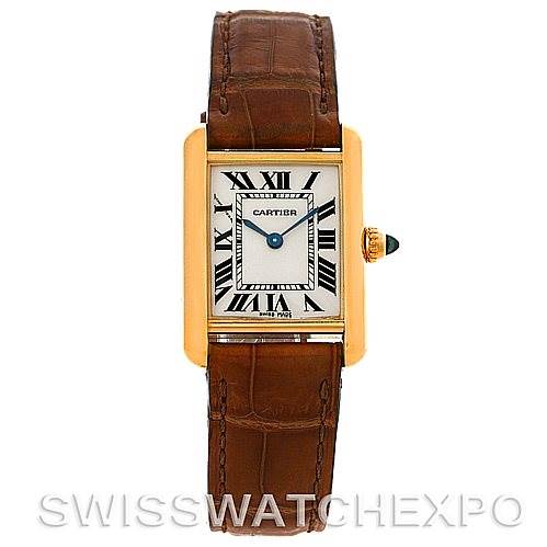 This image shows the Cartier Tank Louis W1529856 Women's Yellow Gold Silver Dial W1529856 Women's Yellow Gold Silver Dial watch from a top-down angle, highlighting the face, brown leather strap, and gold casing.