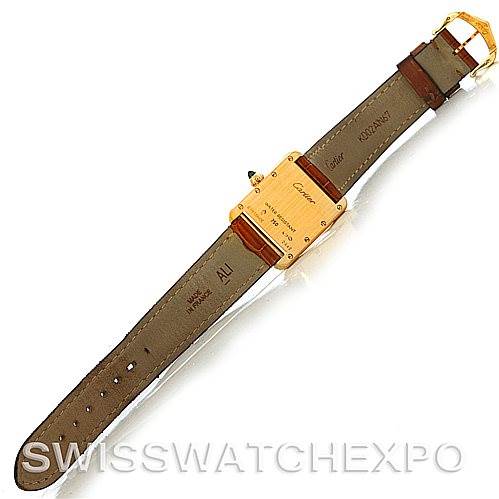 This image shows the back view of a Cartier Tank Louis W1529856 Women's Yellow Gold Silver Dial W1529856 Women's Yellow Gold Silver Dial watch, displaying its leather strap and case back details.