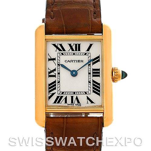 The image shows a front angle of the Cartier Tank Louis W1529856 Women's Yellow Gold Silver Dial W1529856 Women's Yellow Gold Silver Dial watch displaying its face, crown, and leather strap.
