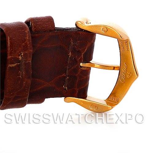 The image shows a close-up of the buckle and leather strap of a Cartier Tank Louis W1529856 Women's Yellow Gold Silver Dial W1529856 Women's Yellow Gold Silver Dial watch.