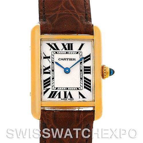 This image shows a front view of the Cartier Tank Louis W1529856 Women's Yellow Gold Silver Dial W1529856 Women's Yellow Gold Silver Dial watch, highlighting the face, hands, and part of the leather strap.