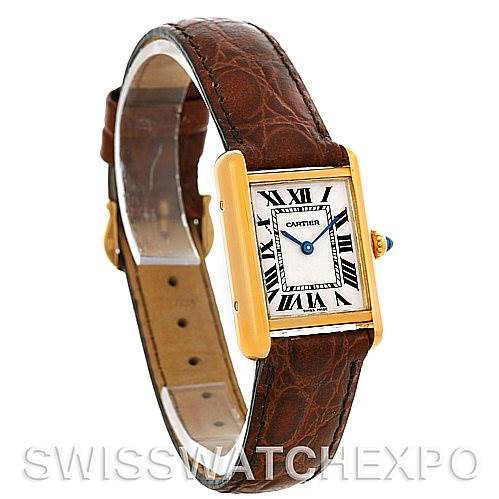 The image shows a Cartier Tank Louis W1529856 Women's Yellow Gold Silver Dial W1529856 Women's Yellow Gold Silver Dial watch from an angled side view, highlighting the case, dial, and leather strap.