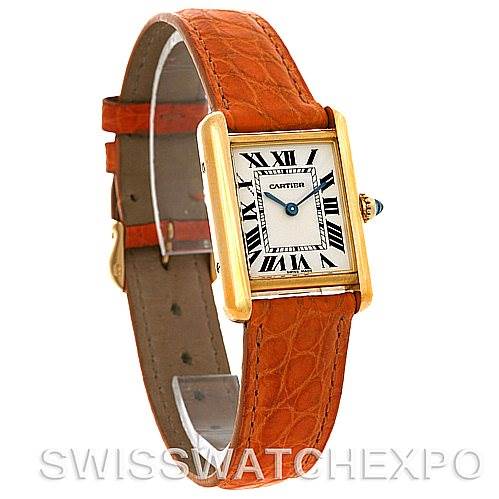 The image shows a Cartier Tank Louis W1529856 Women's Yellow Gold Silver Dial W1529856 Women's Yellow Gold Silver Dial watch at a three-quarter angle, highlighting the face, case, and leather strap.