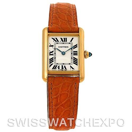 This image shows a front view of a Cartier Tank Louis W1529856 Women's Yellow Gold Silver Dial W1529856 Women's Yellow Gold Silver Dial watch, highlighting its rectangular gold case, Roman numeral dial, and brown leather strap.