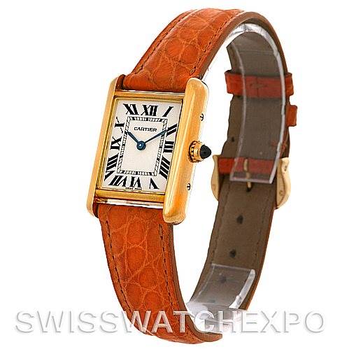 The image shows a Cartier Tank Louis W1529856 Women's Yellow Gold Silver Dial W1529856 Women's Yellow Gold Silver Dial model watch at a slight angle, displaying its face, gold case, and brown leather strap.