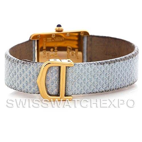 The image shows a rear view of a Cartier Tank Louis 2415 Women's Yellow Gold Blue Dial 2415 Women's Yellow Gold Blue Dial watch, highlighting its patterned strap and gold clasp.