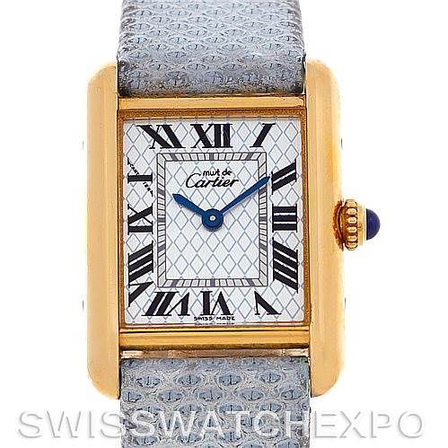 This image shows a front view of the Cartier Tank Louis 2415 Women's Yellow Gold Blue Dial 2415 Women's Yellow Gold Blue Dial watch, displaying its face, Roman numerals, and crown.