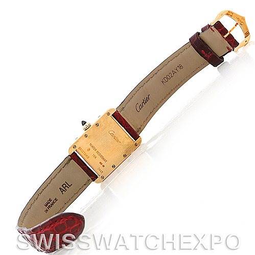 This image shows the back and side view of the Cartier Tank Louis W1529856 Women's Yellow Gold Silver Dial W1529856 Women's Yellow Gold Silver Dial watch, highlighting its case, strap, and buckle.