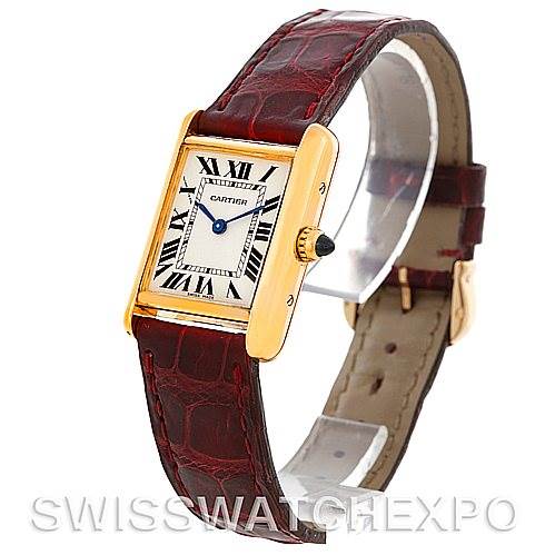 This is a side-angle view of a Cartier Tank Louis W1529856 Women's Yellow Gold Silver Dial W1529856 Women's Yellow Gold Silver Dial watch, showing the face, strap, and crown.