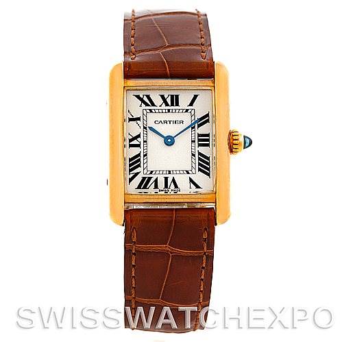 The image shows a front view of a Cartier Tank Louis W1529856 Women's Yellow Gold Silver Dial W1529856 Women's Yellow Gold Silver Dial watch with a gold case, white dial, and brown leather strap.