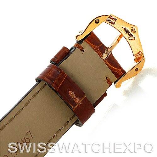 The image shows a close-up of the leather strap and clasp of a Cartier Tank Louis W1529856 Women's Yellow Gold Silver Dial W1529856 Women's Yellow Gold Silver Dial watch.