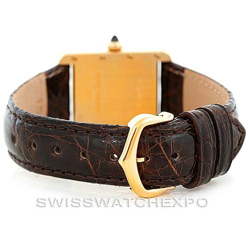 The image shows the back view of a Cartier Tank Louis W1529856 Women's Yellow Gold Silver Dial W1529856 Women's Yellow Gold Silver Dial watch, focusing on the leather strap and buckle.