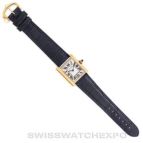 The image shows a top-down view of a Cartier Tank Louis W1529856 Women's Yellow Gold Silver Dial W1529856 Women's Yellow Gold Silver Dial watch with a black leather strap and a gold square case.