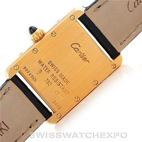 The image shows the back of the Cartier Tank Louis W1529856 Women's Yellow Gold Silver Dial W1529856 Women's Yellow Gold Silver Dial watch, highlighting its square case, brand engraving, and leather straps.