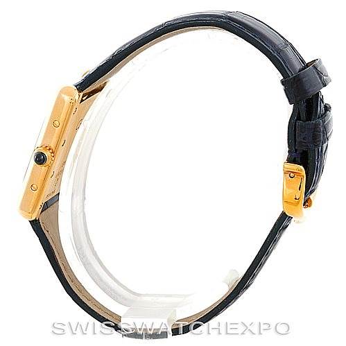 The image shows a side view of the Cartier Tank Louis W1529856 Women's Yellow Gold Silver Dial W1529856 Women's Yellow Gold Silver Dial model watch, highlighting its profile, strap, and clasp.