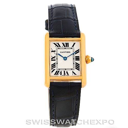 This image shows a Cartier Tank Louis W1529856 Women's Yellow Gold Silver Dial W1529856 Women's Yellow Gold Silver Dial watch from a front angle, featuring its rectangular face, roman numerals, and black leather strap.