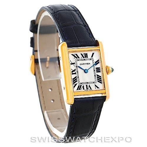 The image shows a side and front view of a Cartier Tank Louis W1529856 Women's Yellow Gold Silver Dial W1529856 Women's Yellow Gold Silver Dial watch, highlighting its gold case, Roman numeral dial, and black leather strap.