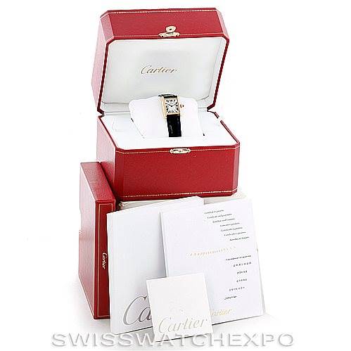 The Cartier Tank Louis W1529856 Women's Yellow Gold Silver Dial W1529856 Women's Yellow Gold Silver Dial watch is displayed in an open red box with additional packaging and documents shown.
