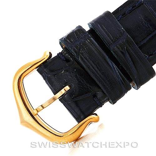 The image shows the leather strap and gold buckle of a Cartier Tank Louis W1529856 Women's Yellow Gold Silver Dial W1529856 Women's Yellow Gold Silver Dial watch close-up.