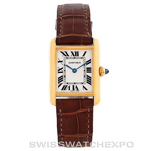 The image shows a front view of the Cartier Tank Louis W1529856 Women's Yellow Gold Silver Dial W1529856 Women's Yellow Gold Silver Dial watch, featuring its rectangular gold case, white dial, and brown leather strap.