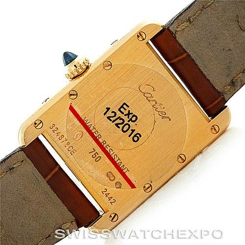 This image shows the back of a Cartier Tank Louis W1529856 Women's Yellow Gold Silver Dial W1529856 Women's Yellow Gold Silver Dial watch, highlighting the engravings, screws, and part of the strap.