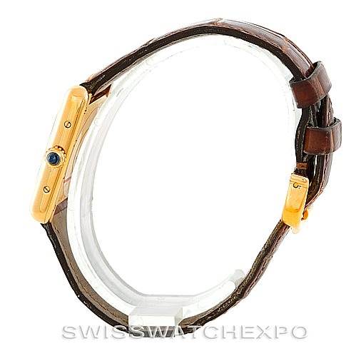 The image shows a side view of the Cartier Tank Louis W1529856 Women's Yellow Gold Silver Dial W1529856 Women's Yellow Gold Silver Dial watch, highlighting the case, crown, and leather strap.