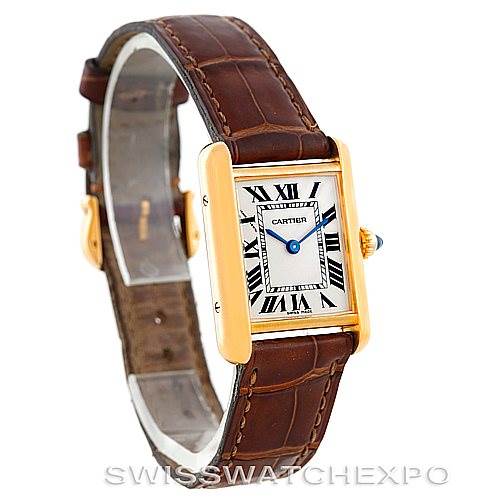 The image shows a Cartier Tank Louis W1529856 Women's Yellow Gold Silver Dial W1529856 Women's Yellow Gold Silver Dial watch at a three-quarter angle, highlighting its rectangular case, Roman numeral dial, and brown leather strap.