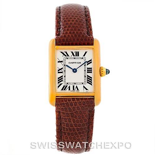 This image shows a front view of the Cartier Tank Louis W1529856 Women's Yellow Gold Silver Dial W1529856 Women's Yellow Gold Silver Dial watch, featuring its rectangular dial and brown leather strap.