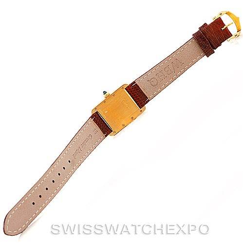 The image shows the back view of a Cartier Tank Louis W1529856 Women's Yellow Gold Silver Dial W1529856 Women's Yellow Gold Silver Dial watch, including its leather strap and buckle.